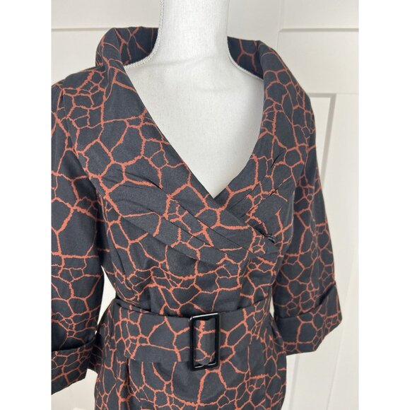 Ali Miles Animal Print Jacket Women's Sz 10 Black Rust Belted Portrait Collar - Picture 9 of 11